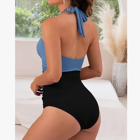 Blue and Black Halter Swimsuit - Picture 2 of 4